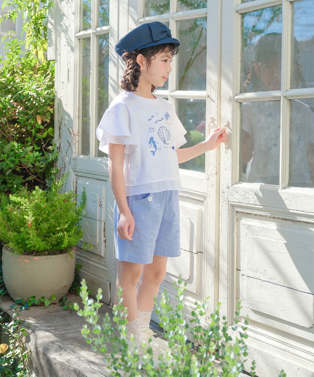 子供服 女の子 貝殻＆マーメイド刺繍 シフォン切り替えショート丈Tシャツ オフホワイト(11) モデル画像2