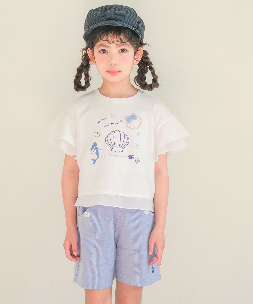 子供服 女の子 貝殻＆マーメイド刺繍 シフォン切り替えショート丈Tシャツ オフホワイト(11) モデル画像3