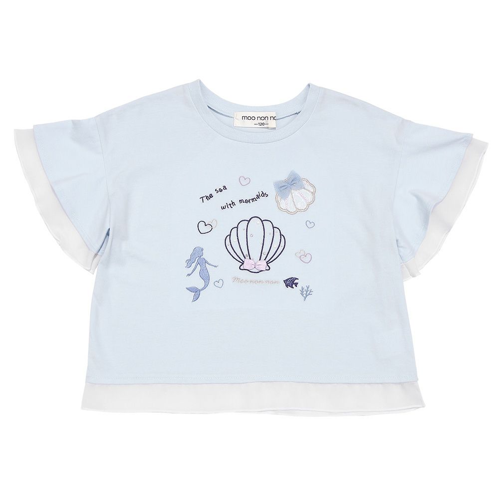 子供服 女の子 貝殻＆マーメイド刺繍 シフォン切り替えショート丈Tシャツ ブルー(61) 正面