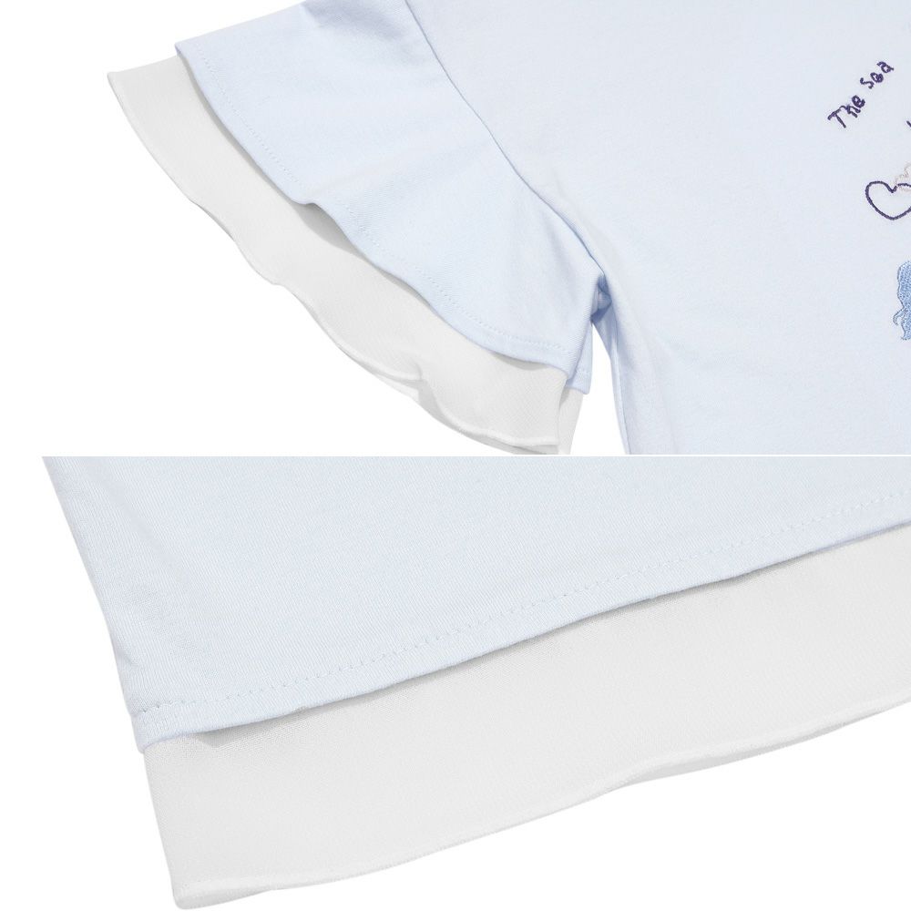子供服 女の子 貝殻＆マーメイド刺繍 シフォン切り替えショート丈Tシャツ ブルー(61) デザインポイント2