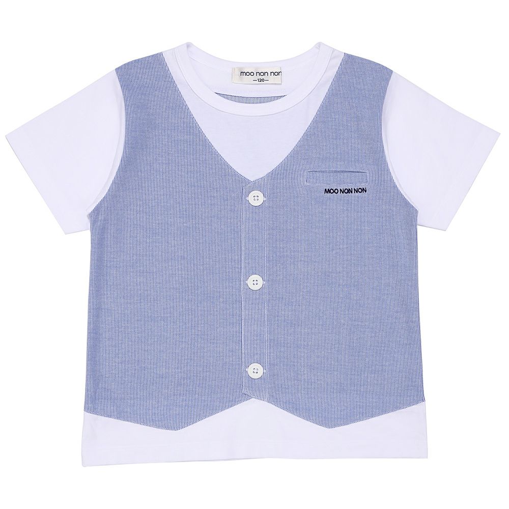 ベビー服 男の子 ストライプ柄ベスト切り替え 重ね着風Tシャツ ブルー(61) 正面