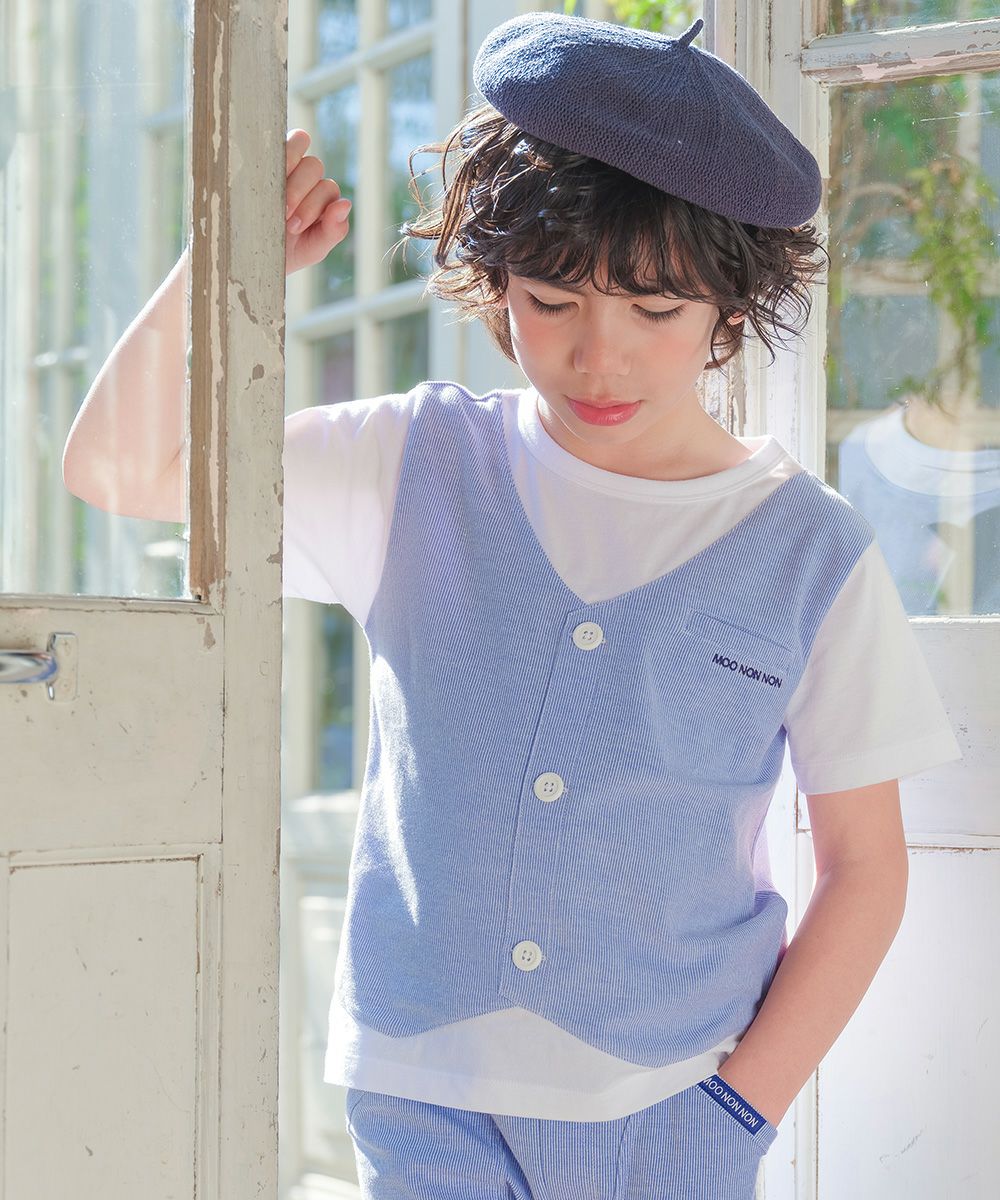 ベビー服 男の子 ストライプ柄ベスト切り替え 重ね着風Tシャツ ブルー(61) モデル画像アップ