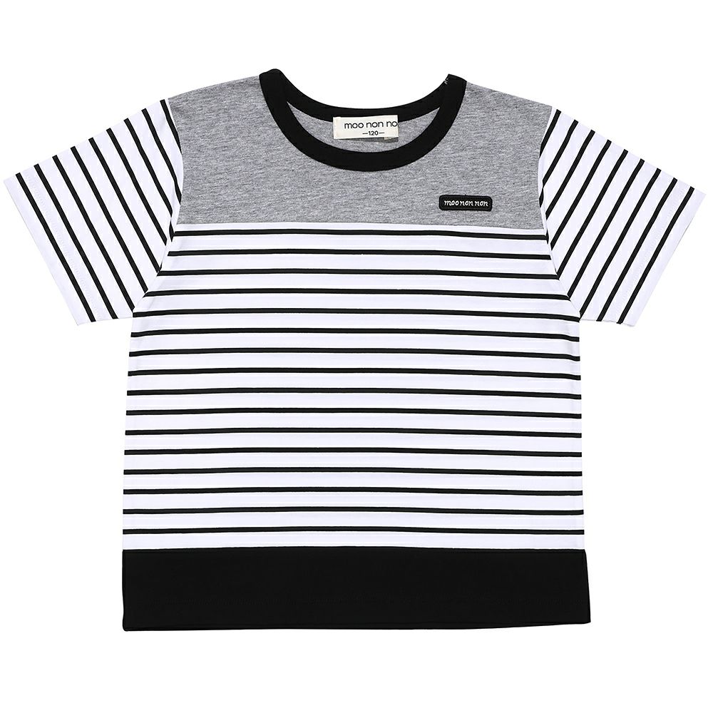 ベビー服 男の子 綿100％ ボーダー柄ロゴワッペンTシャツ ホワイト×ブラック(10) 正面