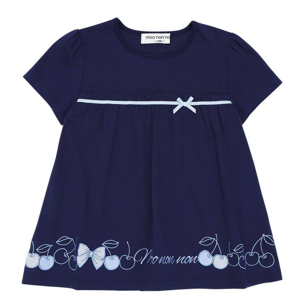 ベビー服 女の子 綿100％ チェリー リボン ロゴ刺繍 チュニックTシャツ ネイビー(06) 正面