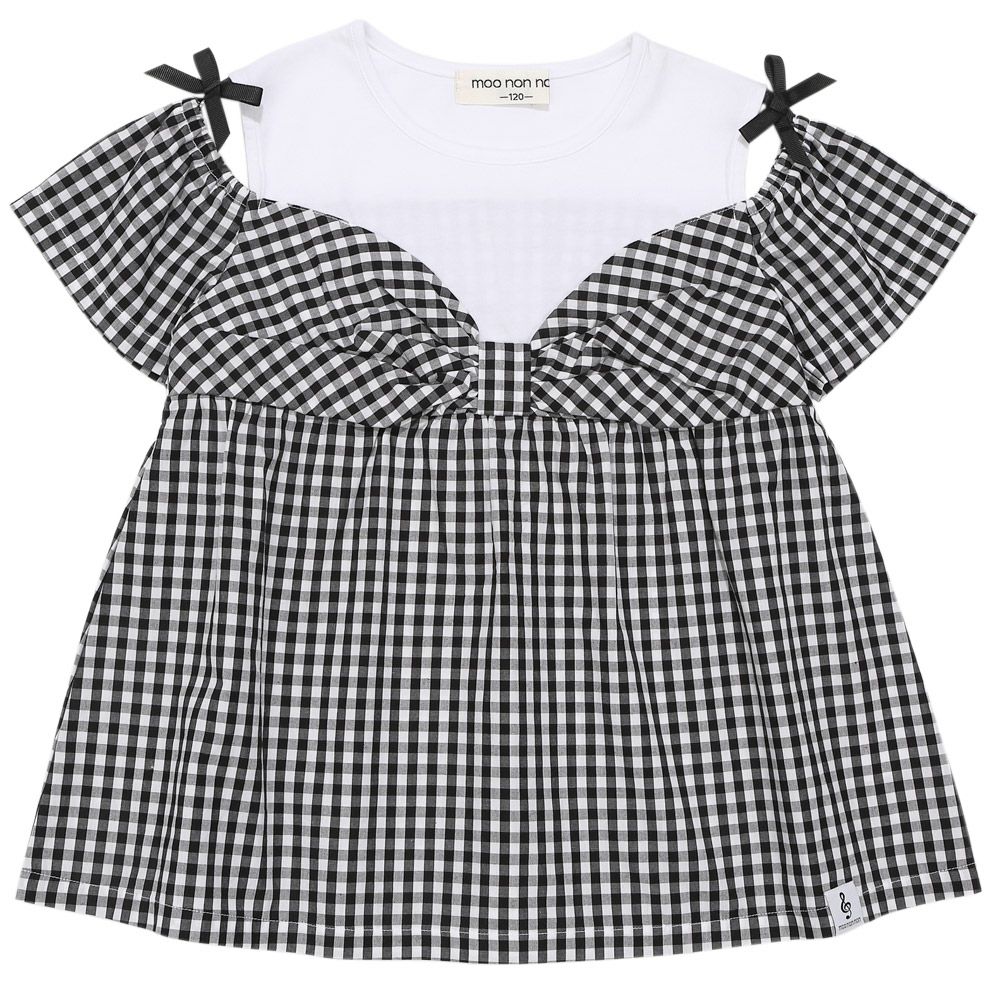 子供服 女の子 ギンガムチェック柄 リボンつき肩あきTシャツ ブラック(00) 正面