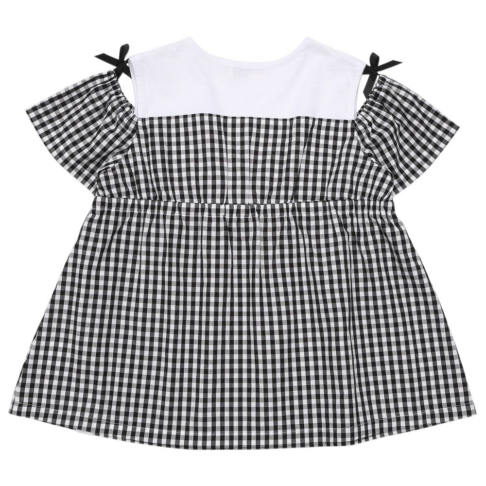 子供服 女の子 ギンガムチェック柄 リボンつき肩あきTシャツ ブラック(00) 背面