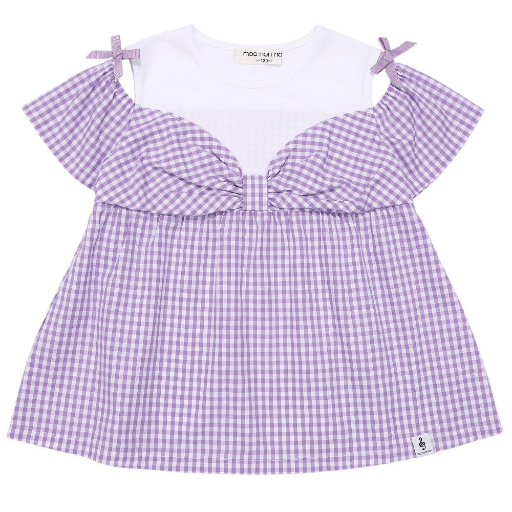 子供服 女の子 ギンガムチェック柄 リボンつき肩あきTシャツ パープル(91) 正面