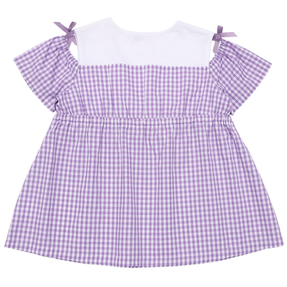 子供服 女の子 ギンガムチェック柄 リボンつき肩あきTシャツ パープル(91) 背面