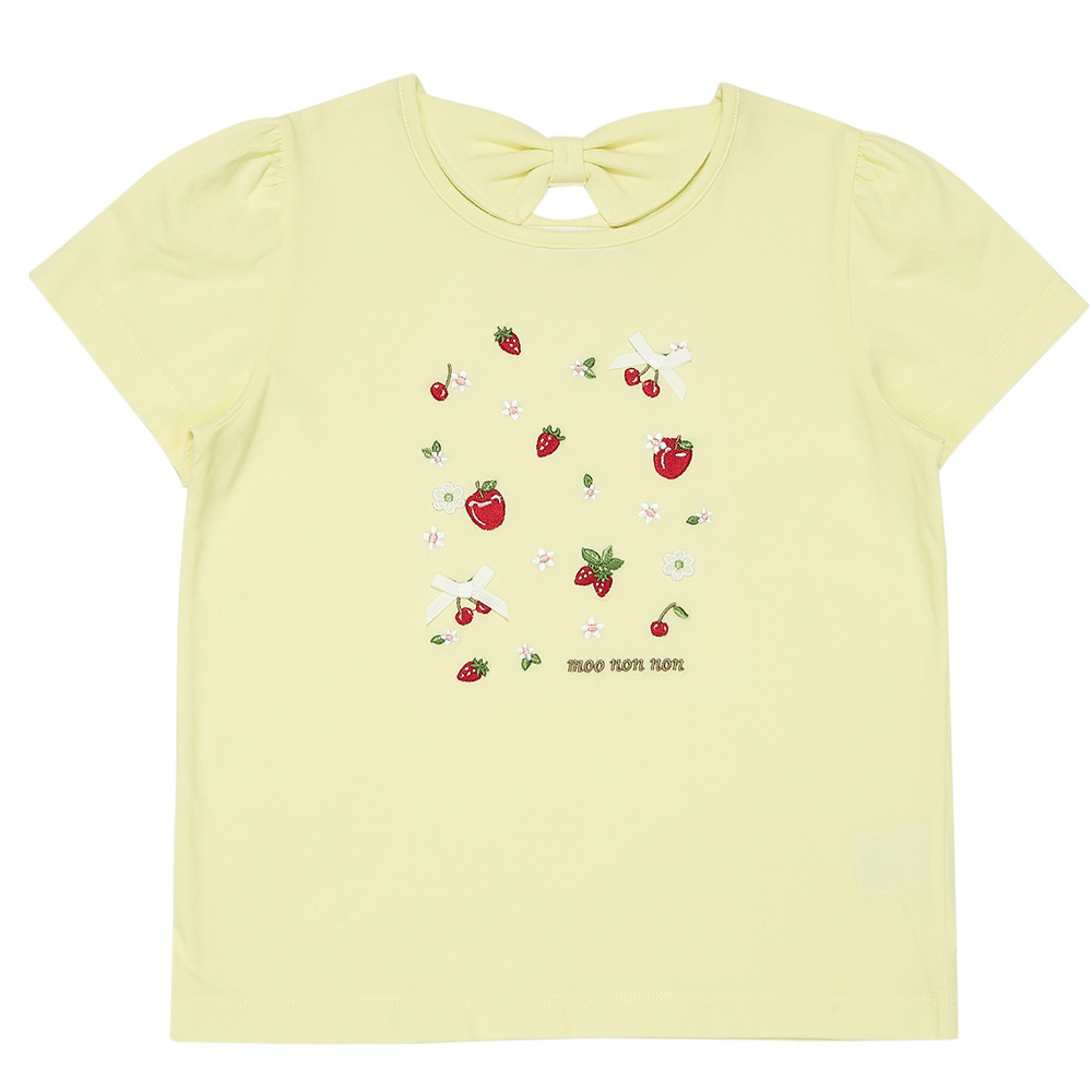 ベビー服 女の子 綿100％ リボン チェリー刺繍Tシャツ イエロー(04) 正面