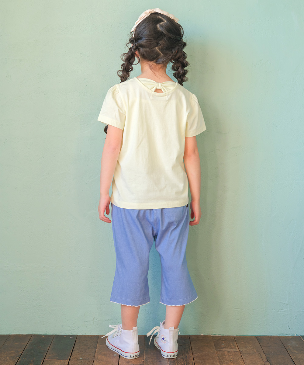 ベビー服 女の子 綿100％ リボン チェリー刺繍Tシャツ イエロー(04) モデル画像全身