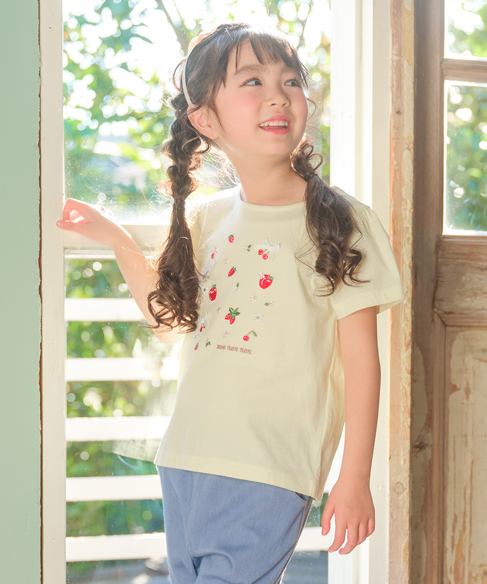 ベビー服 女の子 綿100％ リボン チェリー刺繍Tシャツ イエロー(04) モデル画像1