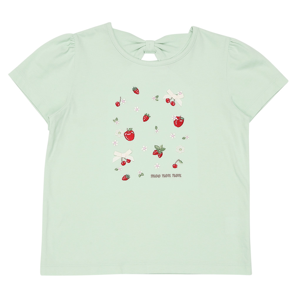 ベビー服 女の子 綿100％ リボン チェリー刺繍Tシャツ グリーン(08) 正面